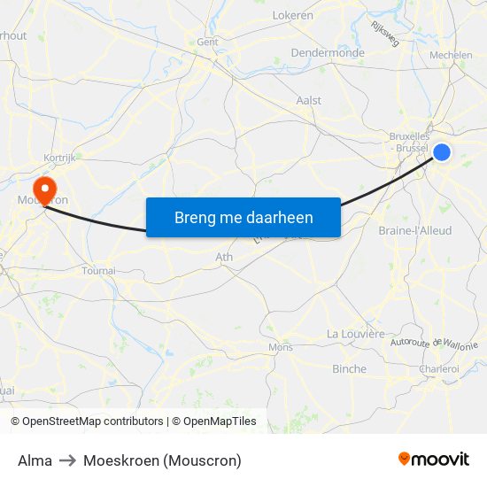 Alma to Moeskroen (Mouscron) map