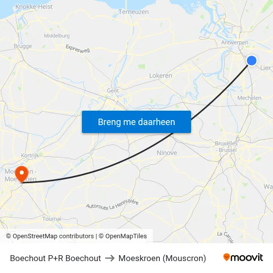 Boechout P+R Boechout to Moeskroen (Mouscron) map
