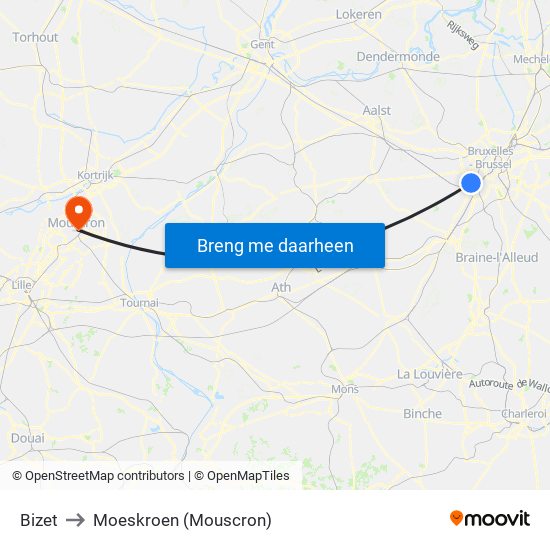 Bizet to Moeskroen (Mouscron) map