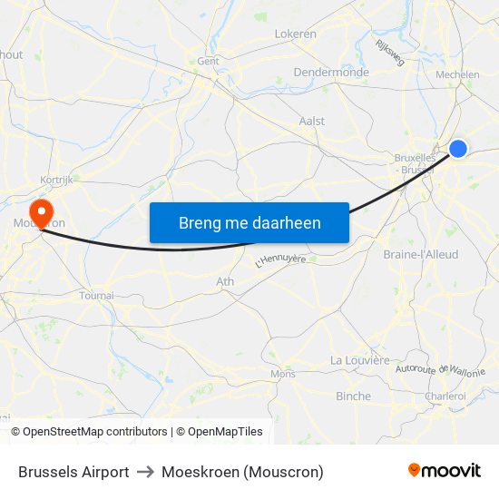 Brussels Airport to Moeskroen (Mouscron) map