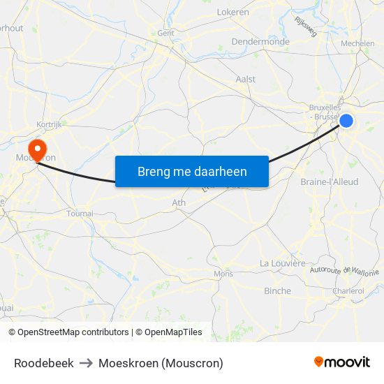 Roodebeek to Moeskroen (Mouscron) map