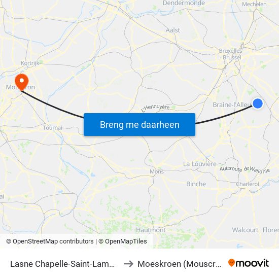 Lasne Chapelle-Saint-Lambert to Moeskroen (Mouscron) map