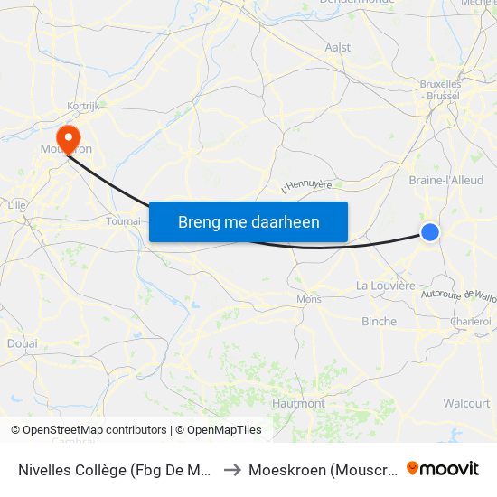 Nivelles Collège (Fbg De Mons) to Moeskroen (Mouscron) map