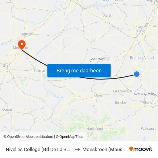 Nivelles Collège (Bd De La Batterie) to Moeskroen (Mouscron) map