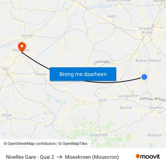 Nivelles Gare - Quai 2 to Moeskroen (Mouscron) map