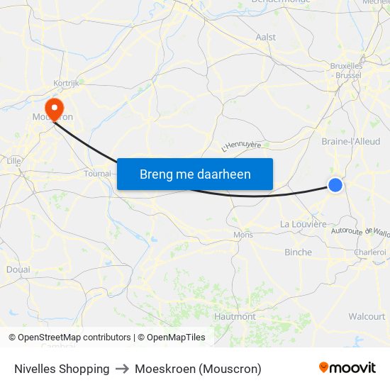 Nivelles Shopping to Moeskroen (Mouscron) map