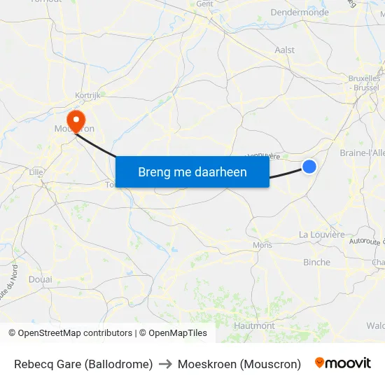 Rebecq Gare (Ballodrome) to Moeskroen (Mouscron) map