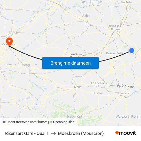 Rixensart Gare - Quai 1 to Moeskroen (Mouscron) map