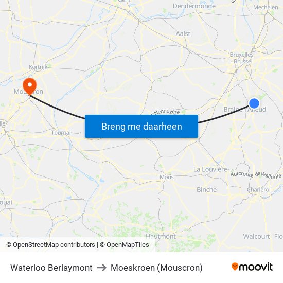 Waterloo Berlaymont to Moeskroen (Mouscron) map