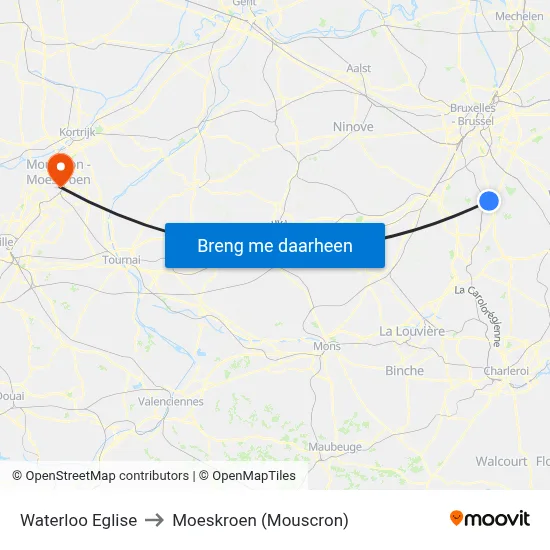 Waterloo Eglise to Moeskroen (Mouscron) map