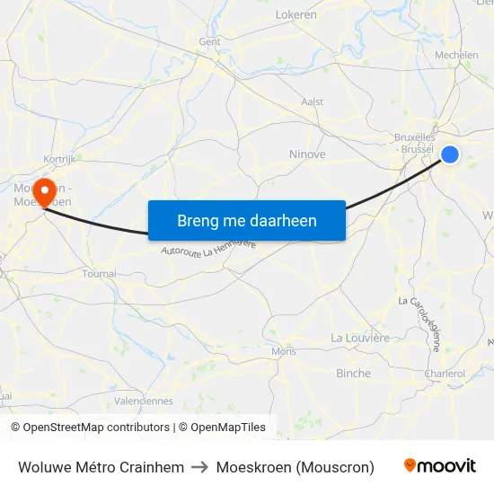 Woluwe Métro Crainhem to Moeskroen (Mouscron) map