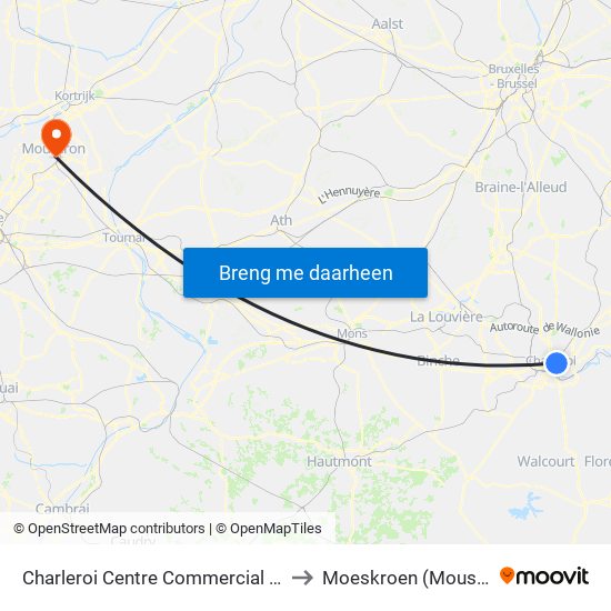 Charleroi Centre Commercial (Ville2) to Moeskroen (Mouscron) map