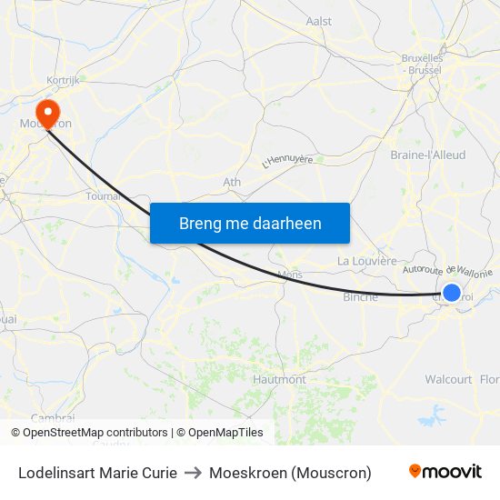 Lodelinsart Marie Curie to Moeskroen (Mouscron) map