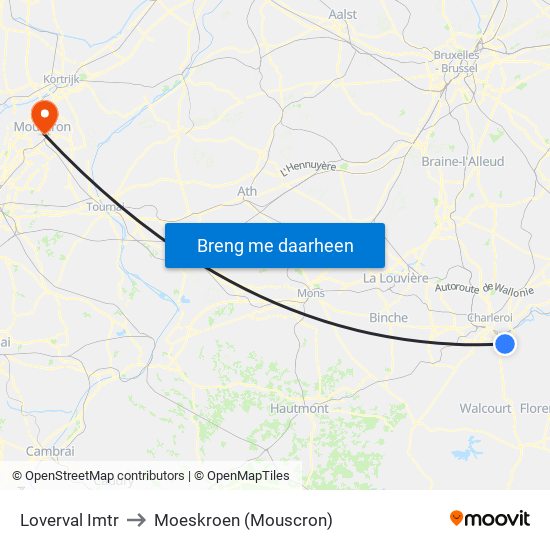 Loverval Imtr to Moeskroen (Mouscron) map
