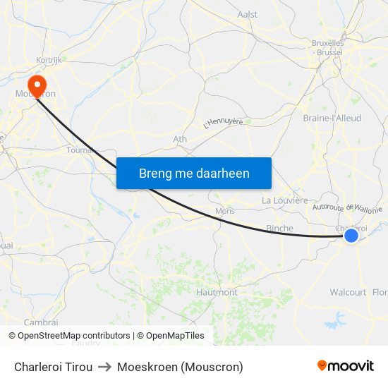 Charleroi Tirou to Moeskroen (Mouscron) map