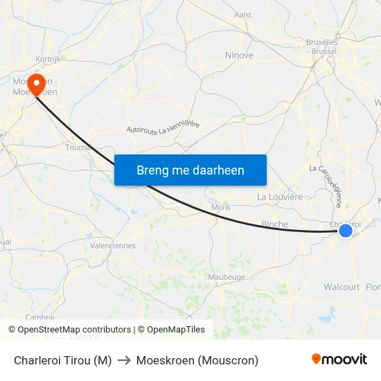 Charleroi Tirou (M) to Moeskroen (Mouscron) map