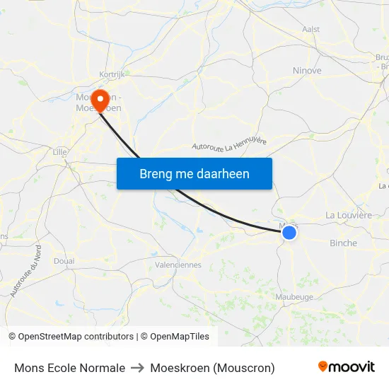 Mons Ecole Normale to Moeskroen (Mouscron) map