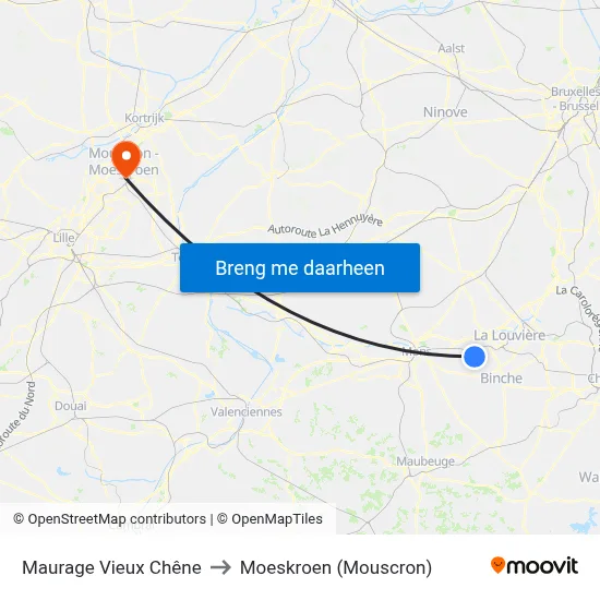 Maurage Vieux Chêne to Moeskroen (Mouscron) map