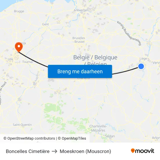 Boncelles Cimetière to Moeskroen (Mouscron) map