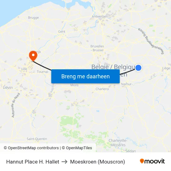 Hannut Place H. Hallet to Moeskroen (Mouscron) map