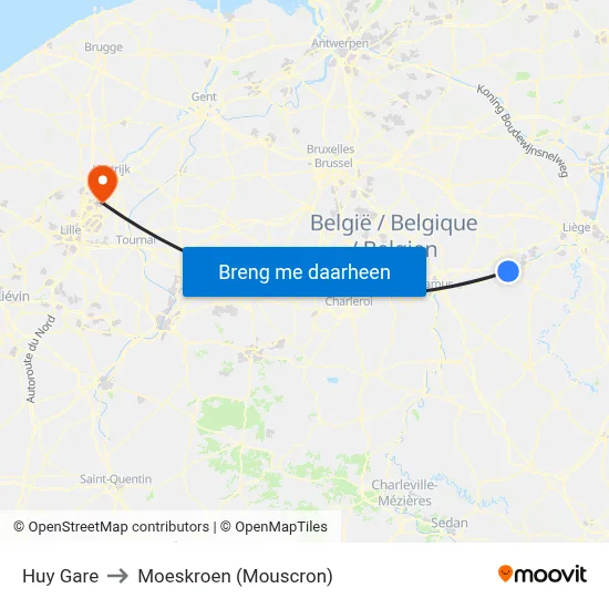 Huy Gare to Moeskroen (Mouscron) map