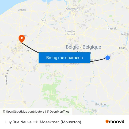 Huy Rue Neuve to Moeskroen (Mouscron) map