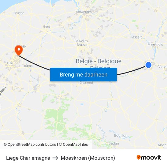 Liege Charlemagne to Moeskroen (Mouscron) map