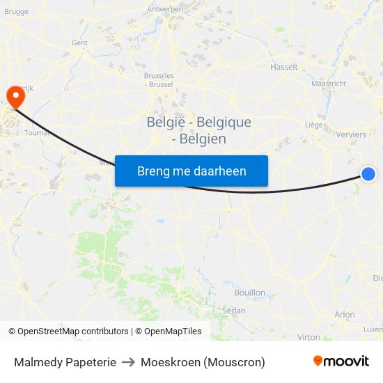 Malmedy Papeterie to Moeskroen (Mouscron) map