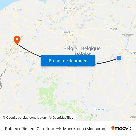 Rotheux-Rimiere Carrefour to Moeskroen (Mouscron) map