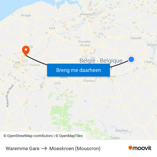 Waremme Gare to Moeskroen (Mouscron) map