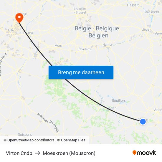 Virton Cndb to Moeskroen (Mouscron) map