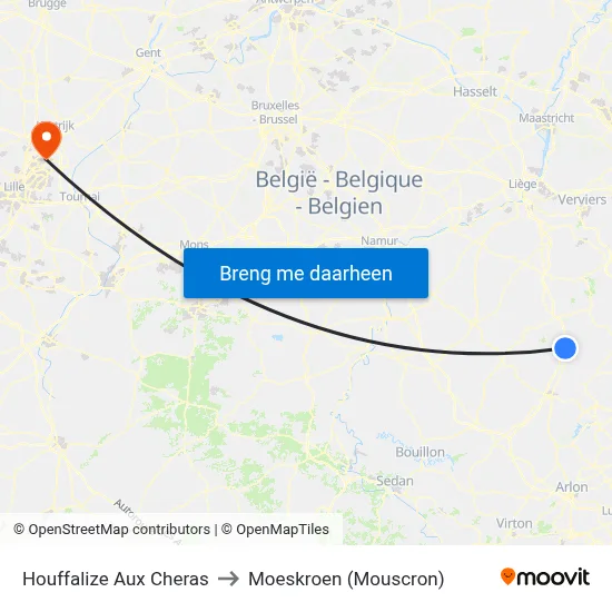 Houffalize Aux Cheras to Moeskroen (Mouscron) map
