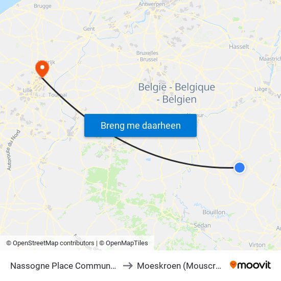 Nassogne Place Communale to Moeskroen (Mouscron) map