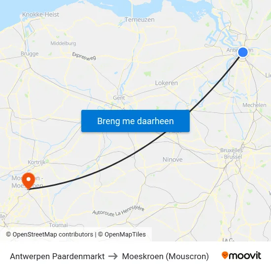 Antwerpen Paardenmarkt to Moeskroen (Mouscron) map