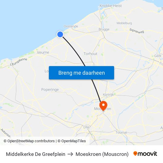 Middelkerke De Greefplein to Moeskroen (Mouscron) map