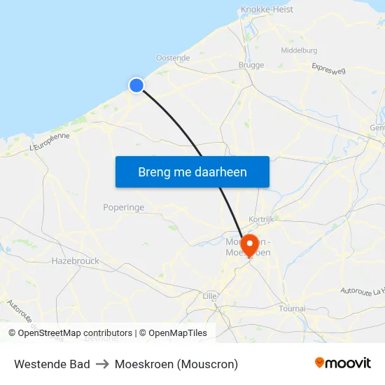 Westende Bad to Moeskroen (Mouscron) map