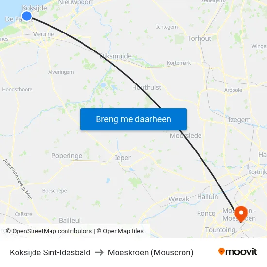Koksijde Sint-Idesbald to Moeskroen (Mouscron) map