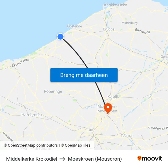 Middelkerke Krokodiel to Moeskroen (Mouscron) map