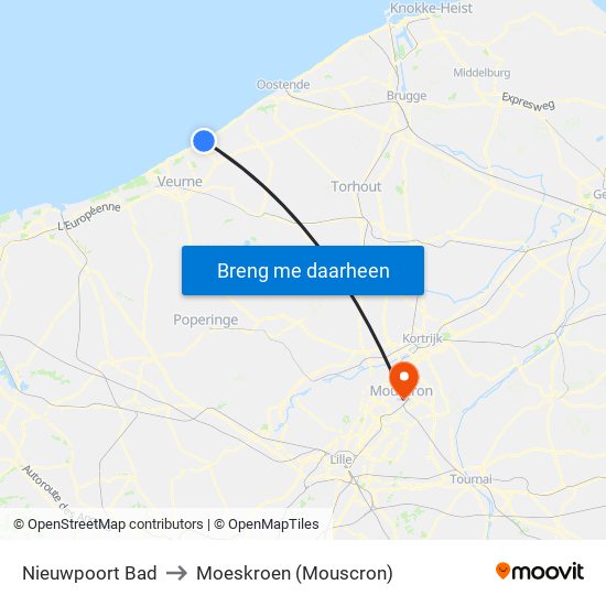 Nieuwpoort Bad to Moeskroen (Mouscron) map