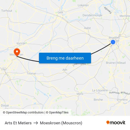 Arts Et Metiers to Moeskroen (Mouscron) map