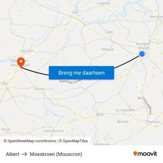 Albert to Moeskroen (Mouscron) map