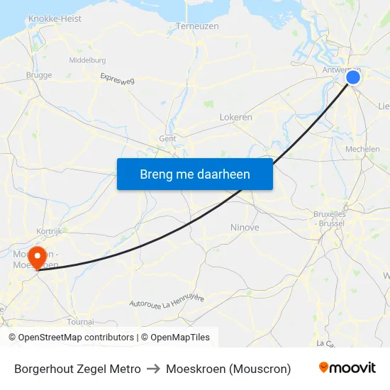 Borgerhout Zegel Metro to Moeskroen (Mouscron) map