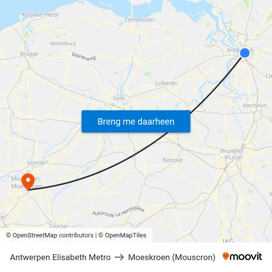 Antwerpen Elisabeth Metro to Moeskroen (Mouscron) map