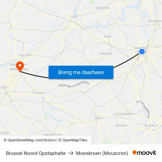 Brussel Noord Opstaphalte to Moeskroen (Mouscron) map
