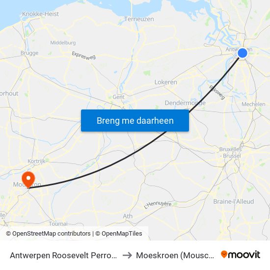 Antwerpen Roosevelt Perron A1 to Moeskroen (Mouscron) map