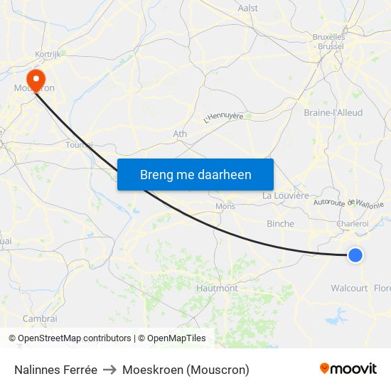 Nalinnes Ferrée to Moeskroen (Mouscron) map