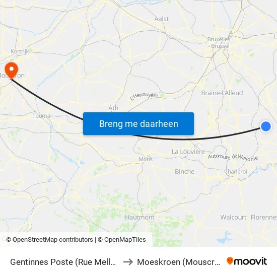 Gentinnes Poste (Rue Mellery) to Moeskroen (Mouscron) map