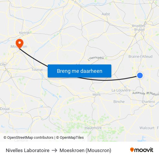 Nivelles Laboratoire to Moeskroen (Mouscron) map