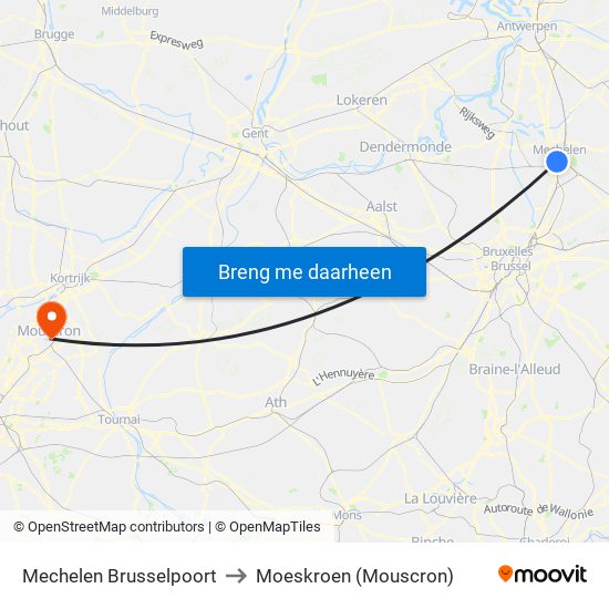 Mechelen Brusselpoort to Moeskroen (Mouscron) map