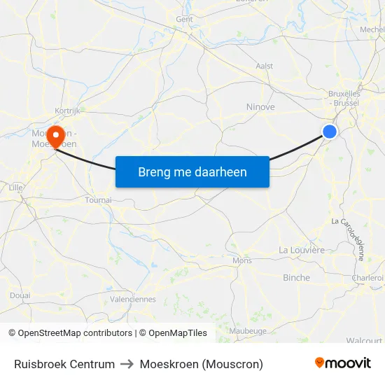 Ruisbroek Centrum to Moeskroen (Mouscron) map